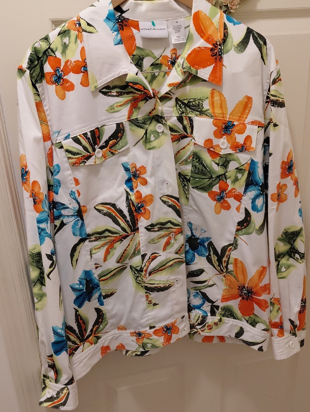 Alfred Dunner White Shirt Jacket with Orange & Blue Floral Print